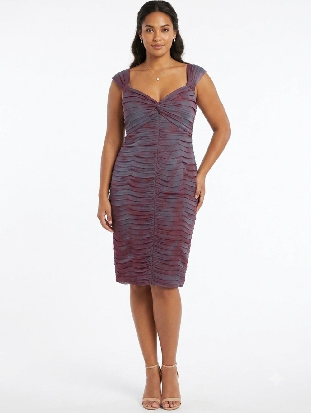 Tadashi Shoji Women's Burgundy Ruched Silk Midi Cocktail Dress Sz 8 Formal Party